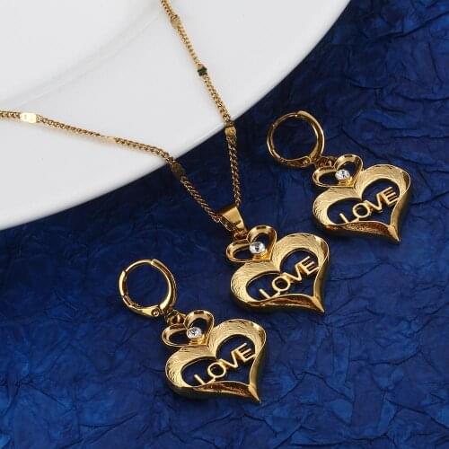 Gold Color Heart Pendant Necklace Earrings Fashion Heart LOVE Trendy Women Jewelry Sets