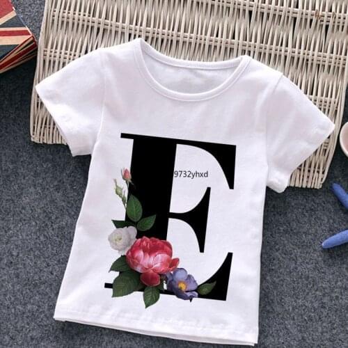 Children 26 English Flower Alphabet Tshirt Casual White Girls Tops Shirts 2021 New Summer Short Sleeves Kids T-Shirt,dHKP483