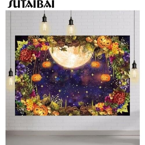 Happy Halloween Party Pumpkin Lantern Backdrop Moon Night Stars Autumn Vine Wreath Flowers Grapes Trick Photo Background