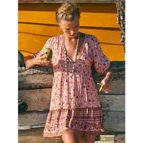 Jastie 2020 Summer Floral Print Mini Dress Women V Neck Half Sleeve Lady Short Dress Boho Vintage Loose Casual Beach Vestidos