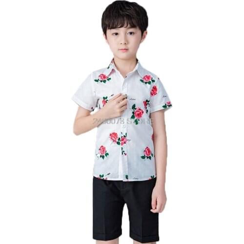 Boys Summer High Quality Formal Suit Hawaii Shirt +Short Children Wedding Party Clothing Set Kids Graduation Tuxedo Costume