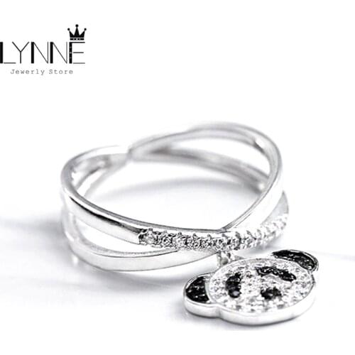 Fashion Trend Adjustable Silver Color Little Bear Pendant Ring Exquisite Panda Rhinestone Double Layer Rings Women Jewelry Gift
