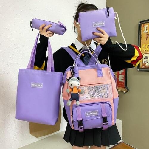 4 Pcs Set Womens School Backpack Waterproof School Bags For Teenager Girls Kawaii Schoolbags