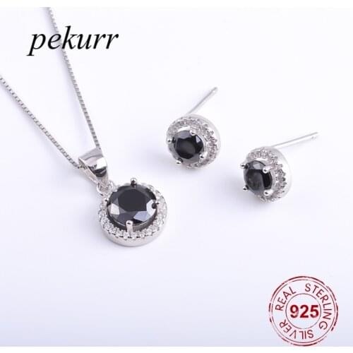 Pekurr 925 Sterling Silver 4 Color Zircon Gems Round Earrings Necklace Sets For Women Geometry Pendants Fashion Jewelry Sets