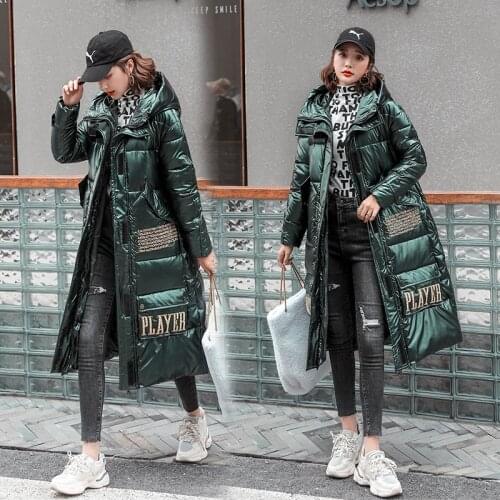 QingWen Autumn Winter Fashion Hooded Shiny Solid Color Long Padded Coat Large Size Padded Down Cotton Jacket For Women Parkas
