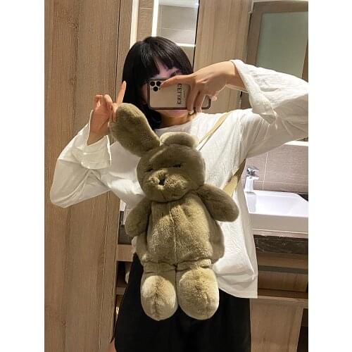 New cute Rex rabbit fur leather animal backpack plush toys puppy rabbit long ears doll bag Girls birthday present