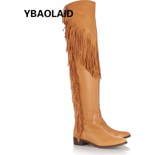 Pure Color Tassel Elastic Belt Buckle Flat Over The Knee Boots 2021 Autumn and Winter New Round Toe Thick Low Heel High Boots