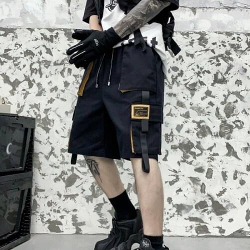 Summer Shorts Cargo Pants Men Harajuku Fashion Streetwear Hip Hop Punk Male Trousers Ribbons Patchwork Men Military Clothes