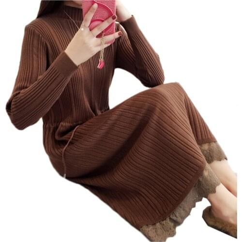 Warm Autumn Winter Meduim Long Women Sweater Dress Lace Hem Half Turtleneck Pullover Elasticity Knit Dress Female Vestidos AA276