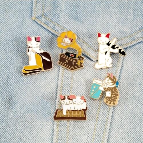 Funny Cat Brooch Play Music Drink Water Kitty Cartoon Animal Enamel Pins Bag Clothes Lapel Pin Cute Badge Jewelry Gift for Kids