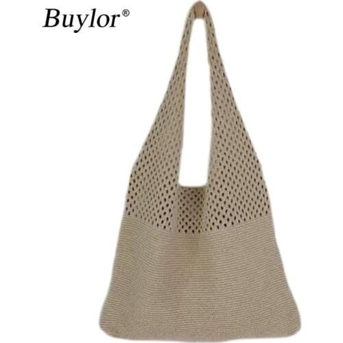 Buylor Retro Hollow Women Shoulder Bag Simple Casual Knitted Female Handbag Large Capacity Summer Beach Bag Vest Bag