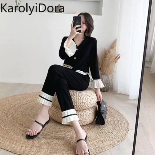 Women Autumn Knit Flare Sleeve Cardigans Loose Pleated Hem Pants Sets V Neck Single Breasted Knitted Tops Ankle-Length Pant Suit