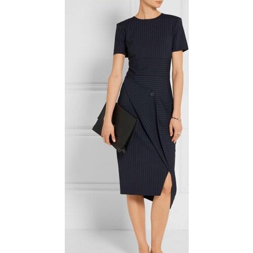 Irregular Summer Dress For Women Commute 2021 Fashion Elegant Front Pleated One Button Stripe Dress New Navy Pencil Dresses
