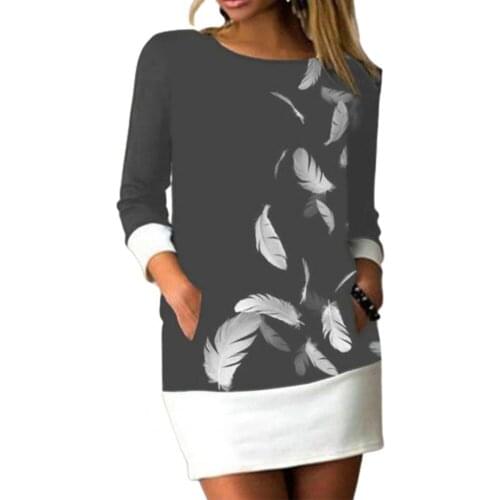 2021 Fashion Spring Patchwork Print Party Dresses Women O Neck Long Sleeve Color Block Feather Print Pockets Loose Mini Dress