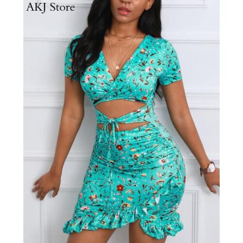 Women Sexy Floral Print Cutout Ruffles Ruched Dress Sexy Lace-up V-neck Solid Irregular Hem Dress