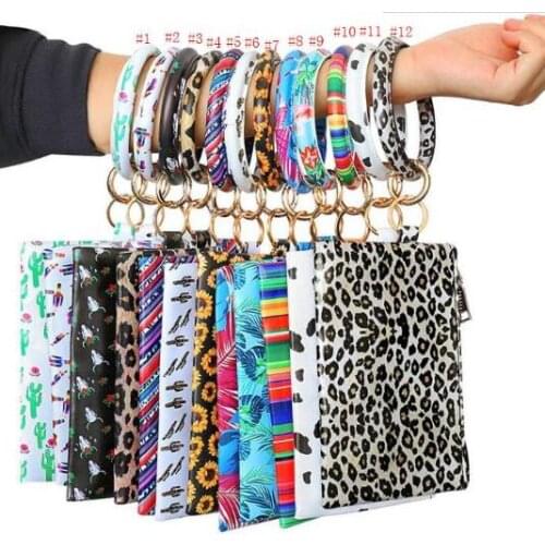 300pcs Leopard Bracelet Clutch Bag Wristlet Keychain Bracelets Purse Sunflower Cactus Printed Leather Key Holder Chain gift