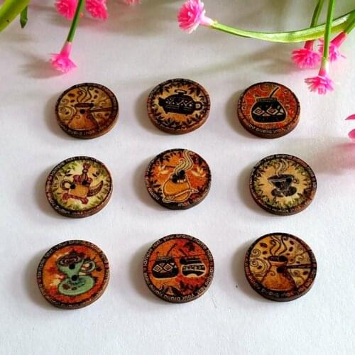 50Pcs/Set 20mm Random Mix Retro print Round 2 HolesWooden Buttons Sewing Scrapbooking DIY Accessories Botones