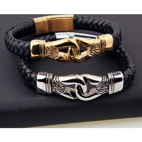 Promotion Fashion Mens Jewelry Hip Hop Black Genuine Leather Stainless Steel Magnetic Clasp Bracelet 8.66"