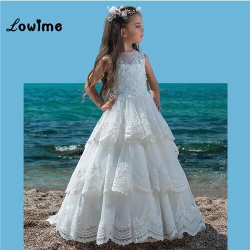 White Pageant Dresses For Girls Vestido De Daminha Girls Dresses 2018 Tiered Applique Flower Tulle Vestidos De Primera Comunion