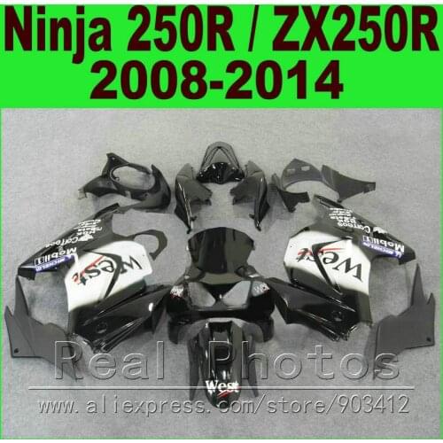 Black white WEST Kawasaki Ninja 250r Fairings bod kit 2008 - 2014 EX250 2009 2010 2011 2012 ZX 250 fairing kits parts R4Y702