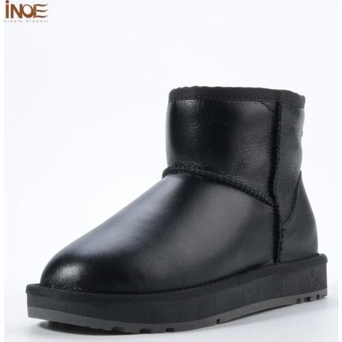 INOE Waterproof Sheepskin Leather Natural Fur Lined Short Winter Snow Boots for Women Casual Winter Ankle Shoes Black Grey 35-44