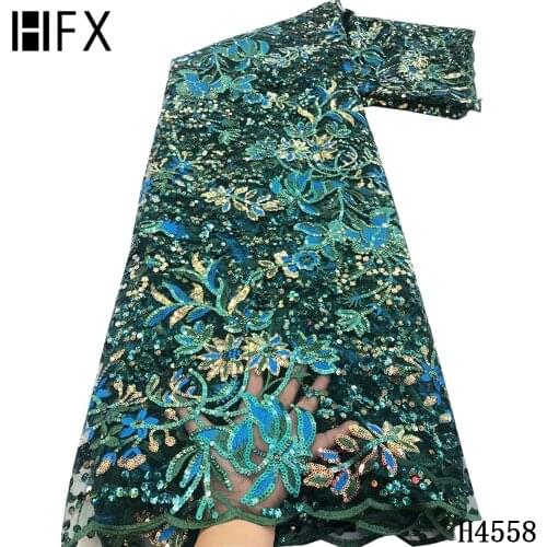 HFX Sequence Embroidery African French Net Lace Fabric 2021 High Quality Nigerian Mesh Tulle Sequin Lace Fabric For Party F4558