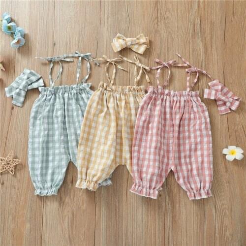 Summer Baby Girls Clothes Cute Plaid Newborn Baby Girls Rompers Backless Cotton Girls Bandage Jumpsuits Long Pants Headband
