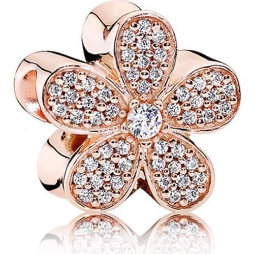 Genuine 925 Sterling Silver Charm Rose Gold Dazzling Daisy With Crystal Beads Fit Pan Bracelet & Necklace Diy Jewelry