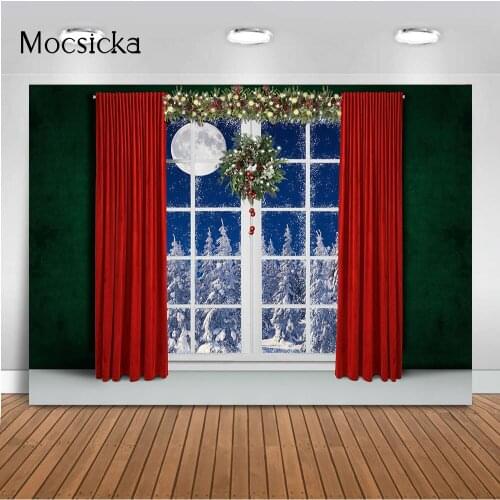 Red Curtain Christmas Backdrop for Photography Dark Green Wall Windows Winter Background for Photographic Studio Decoration