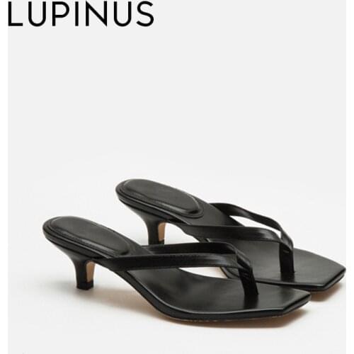 LUPINUS Fashion Square Toe Women Sandals 2021 New Summer Elegant Thong Toe Women High Heel Thin Heel Women Slippers Women Mules