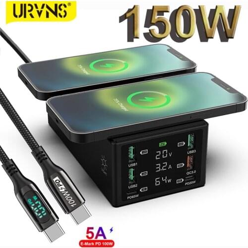 URVNS Multiport 150W 6Port USB Fast Charging Station With Quick Charge 3.0 QC3.0 PD Speed Charger And Dual 15W Wireless Charging