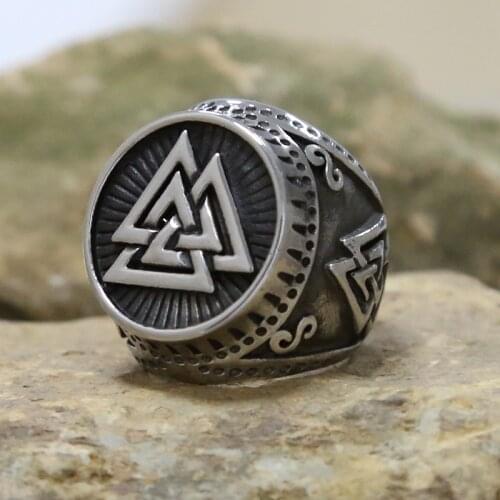 Vintage Stainless Steel Valknut Viking Ring Mens 316L Steel Viking Signet Rings Odin Nordic Amulet Jewelry