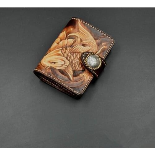 High Grade Cowhide Handmade Wallets Carving Fish Purses Women Men Short Clutch Vegetable Tanned Leather Wallet Gift
