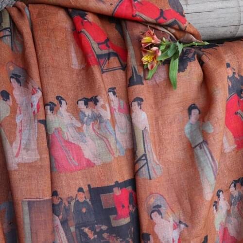 Woman Classical High Quality Natural 100% Pure Ramie Cloth Printed Fabric For Dresses Robe Summer Thin DIY Handmade Sewing