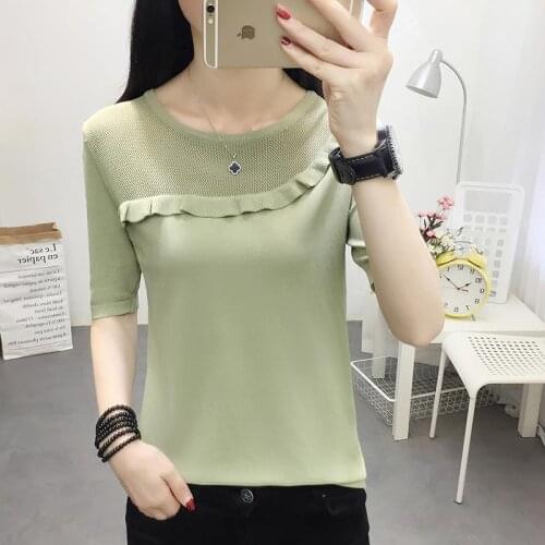 Women Spring Autumn Style Knitted Blusas Tops Lady Casual Short Sleeve Ruffles Knitted Blusas Tops DD2649