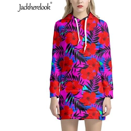 Jackherelook Female Long Sleeve Hoodies Tropical Hawaiian Hibiscus Pattern Plus Size Womens Sweatshirts Dress Pullover Tops