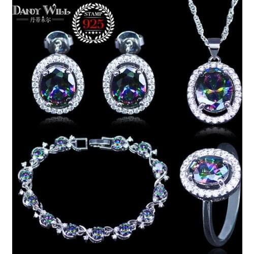 Fashion Silver Color Women 4Pcs Jewelry Gift Rainbow Mystic Crystal Stone Necklace Earrings Bracelets Sets For Girls