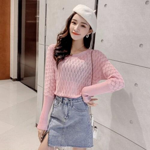 2020 Pink Knit Hollow Thin Sweater Women Pullovers Casual Korean Tops Female Fashion Long Sleeve Autumn White Pull Tricot Femme