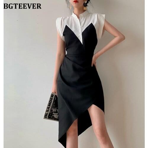 BGTEEVER Elegant Stand Collar Single-breasted Patchwork Women Dress Sleeveless Slim Waist Irregular Female Dress Vestidos 2021