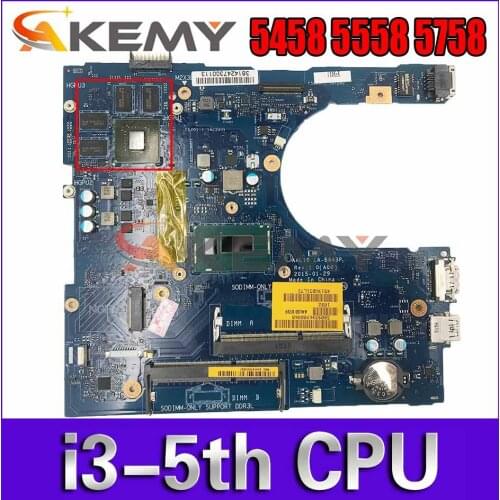 Akemy I3-5005U 920M/2GB For Dell INSPIRON 5458 5558 5758 Laptop Motherboard AAL10 LA-B843P CN-0HV659 HV659 Mainboard 100% tested