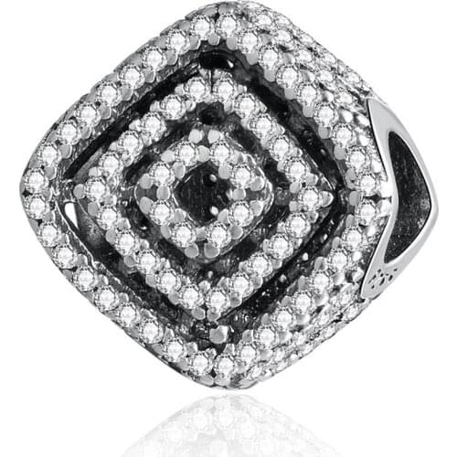 Authentic S925 Bead fit Lady Bracelet Bangle Geometric Lines Clear CZ Crystal Charm DIY Jewelry