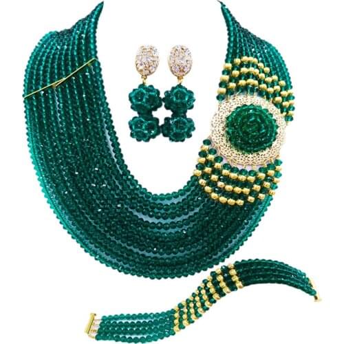 Teal Green Army Green African Beads Jewelry Set Crystal Beaded Necklace Nigerian Wedding Party Jewelry Accessories 10DPH01