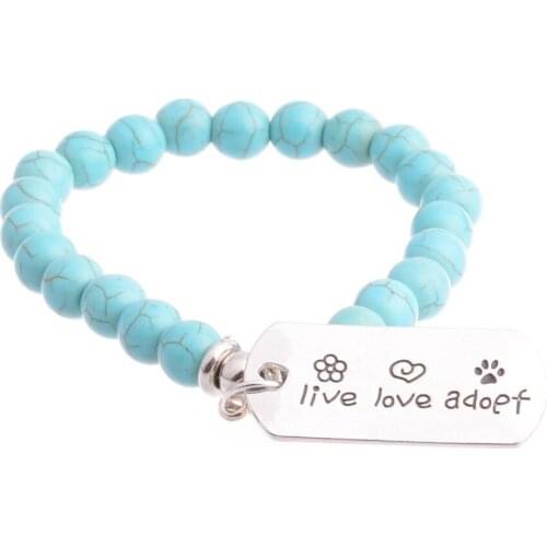 Live Love Adopt Dog Tag Charm Pendant Bracelet Dog Cat Paw Print Beaded Bangle Bracelet Animal Loves Jewelry Pet Rescue Gift