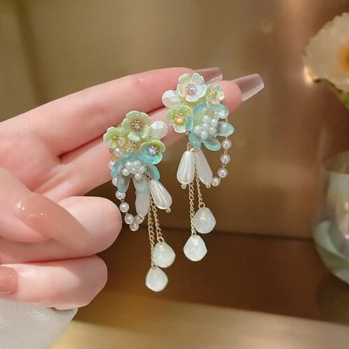 Elegant Oval Pearl Resin Flower Tassel Summer Earrings Beach Holiday New Fashion Jewelry Boho Green pendientes Wholesale