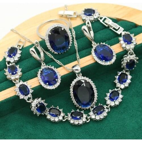 Classic Royal Blue Topaz Silver Color Jewelry Sets For Women Bracelet Earrings Necklace pendant Ring Wedding Bride 4PCS