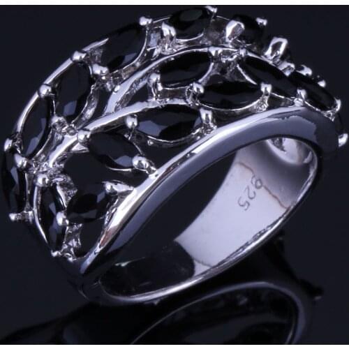 Fetching Tree Black Cubic Zirconia Silver Plated Ring V1060