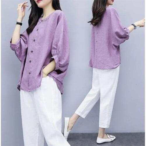 One-Piece / Set Womens Spring Summer Two-Piece Trousers Cotton And Linen Loose Middle-Sleeved Top Nine-Point Pants Suit Female