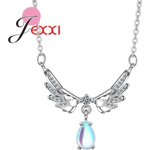 New Creative Fashion 925 Sterling Silver Angel Wings Natural Moonstone Cubic Zirconia Pendant Necklaces For Women Jewelry