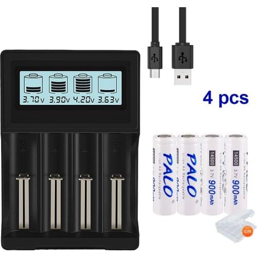 3.7V aa 14500 li-ion rechargeable battery + 4 slots smart charger for 3.7 V Lithium 14500 / 16350 / 18500 / 18650 battery models