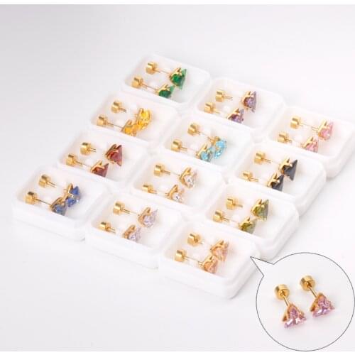 12 Pairs Triangle Earrings Jewelry Zircon 316L Stainless Steel Anti-allergy For Women Gold Silver Color Screw Stud Earring Gift